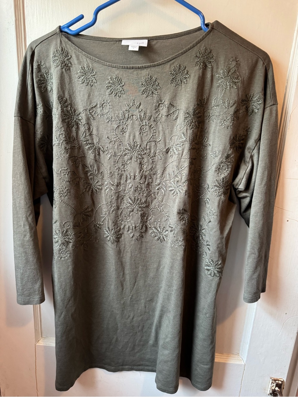 J. Jill Embroidered Tunic Top Olive Green Size Large 3/4 Sleeve
